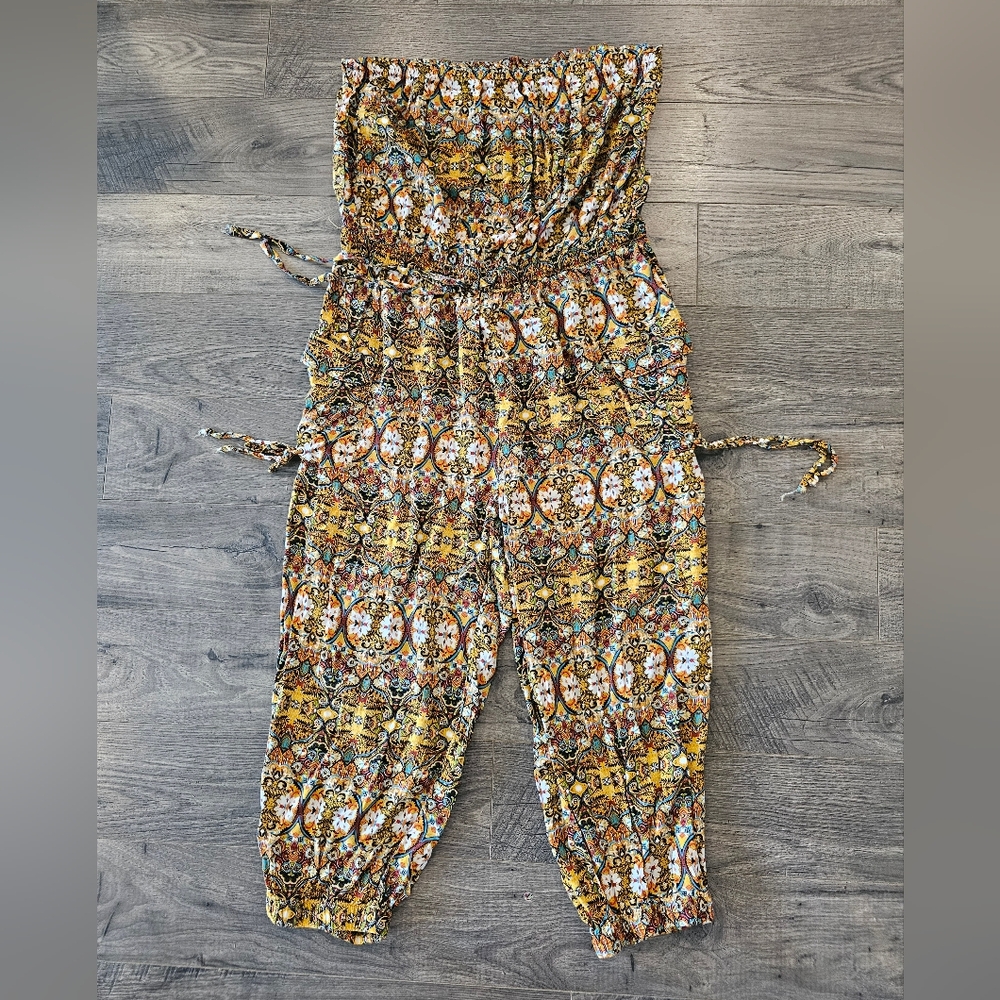 1X Vibrant Orange Yellow Jogger Jumpsuit‎ Intricate Patterns POCKETS Drawstring